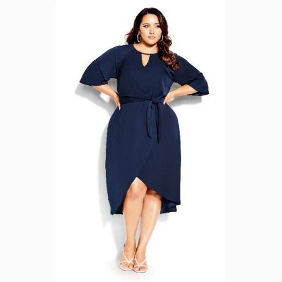 CITY CHIC woman's size 12 Sleek Tie navy blue keyhole neck asymmetrical dress - Picture 11 of 11